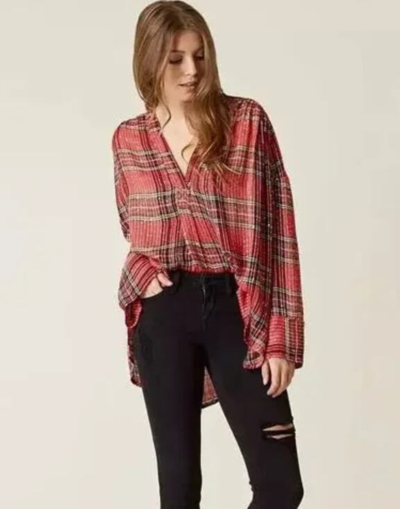 Free People Tops - FREE PEOPLE red black tartan metallic Fearless Love oversized pullover top